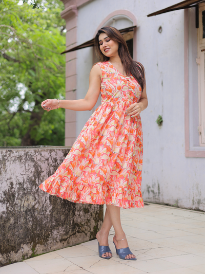 Orange bloom printed cotton dress