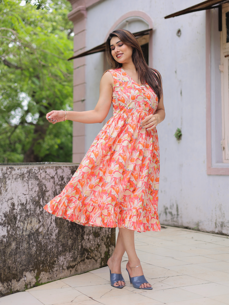 Orange bloom printed cotton dress