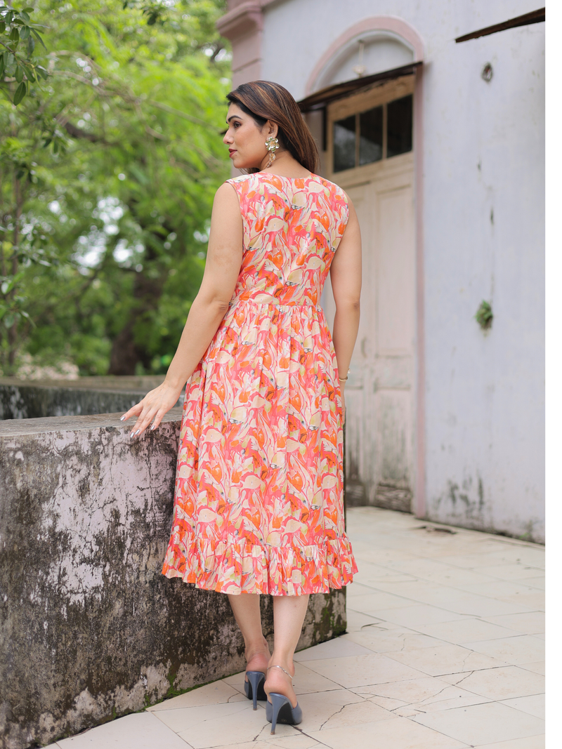 Orange bloom printed cotton dress