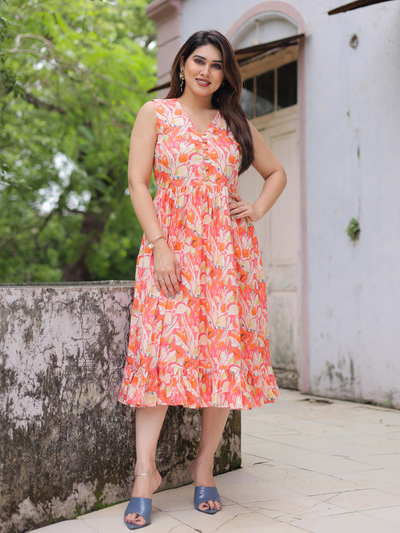 Orange bloom printed cotton dress