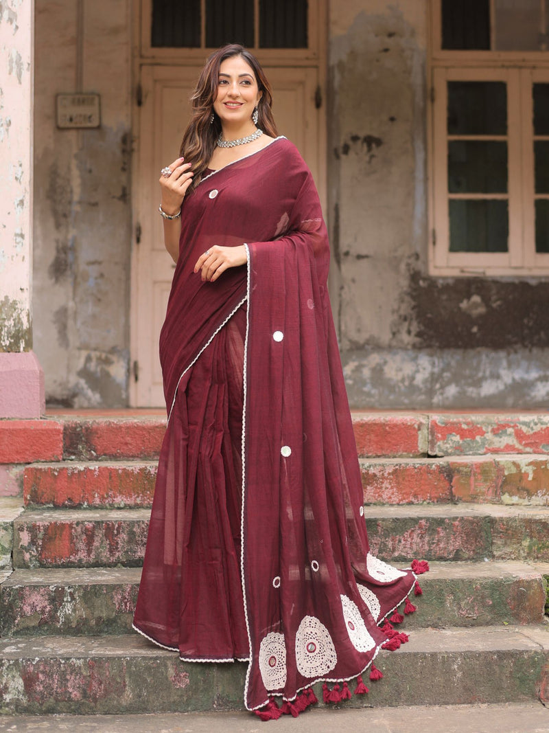 Bulbul maroon crochet saree with blouse