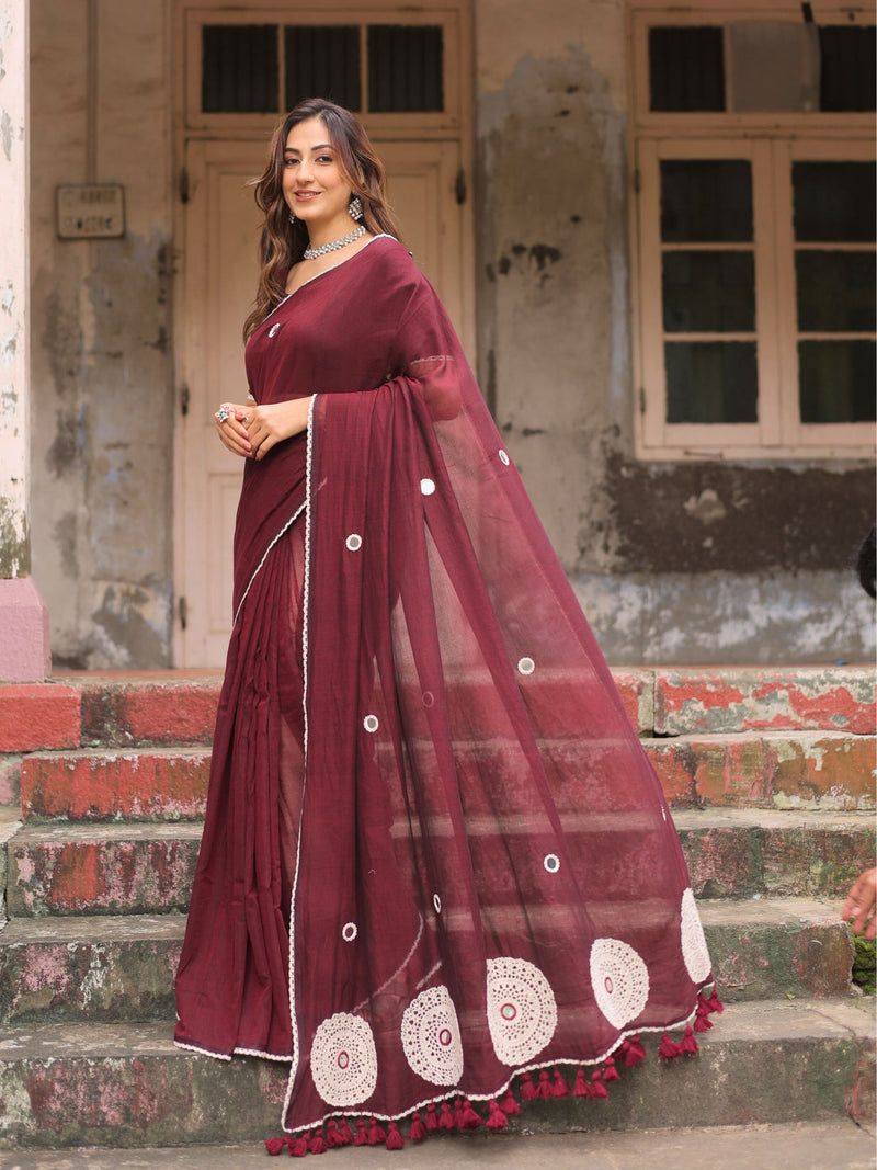 Bulbul maroon crochet saree with blouse
