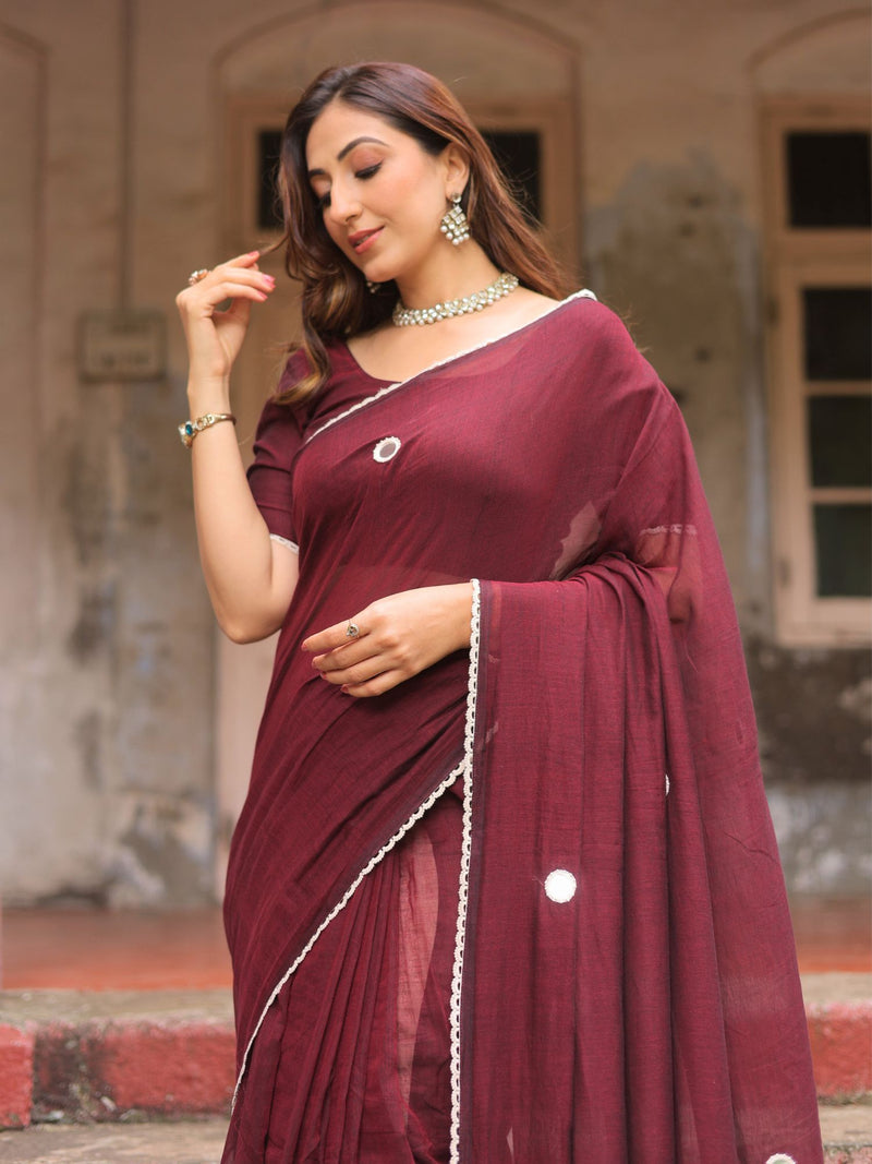 Bulbul maroon crochet saree with blouse
