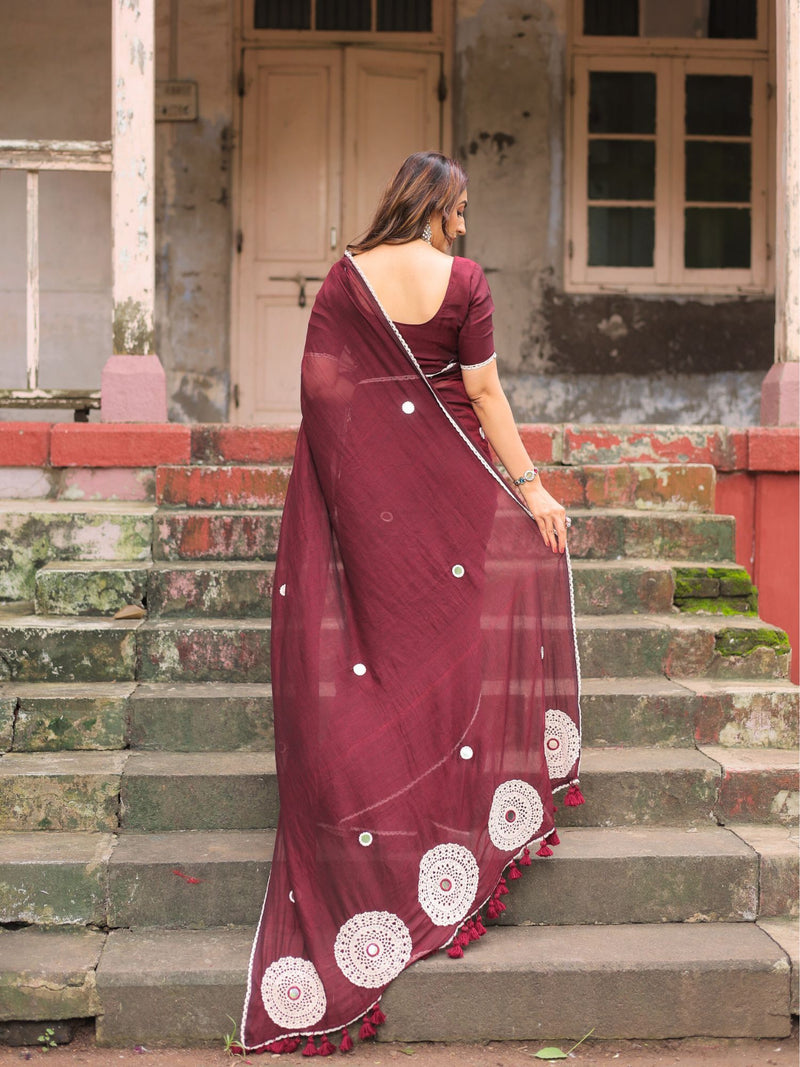 Bulbul maroon crochet saree with blouse