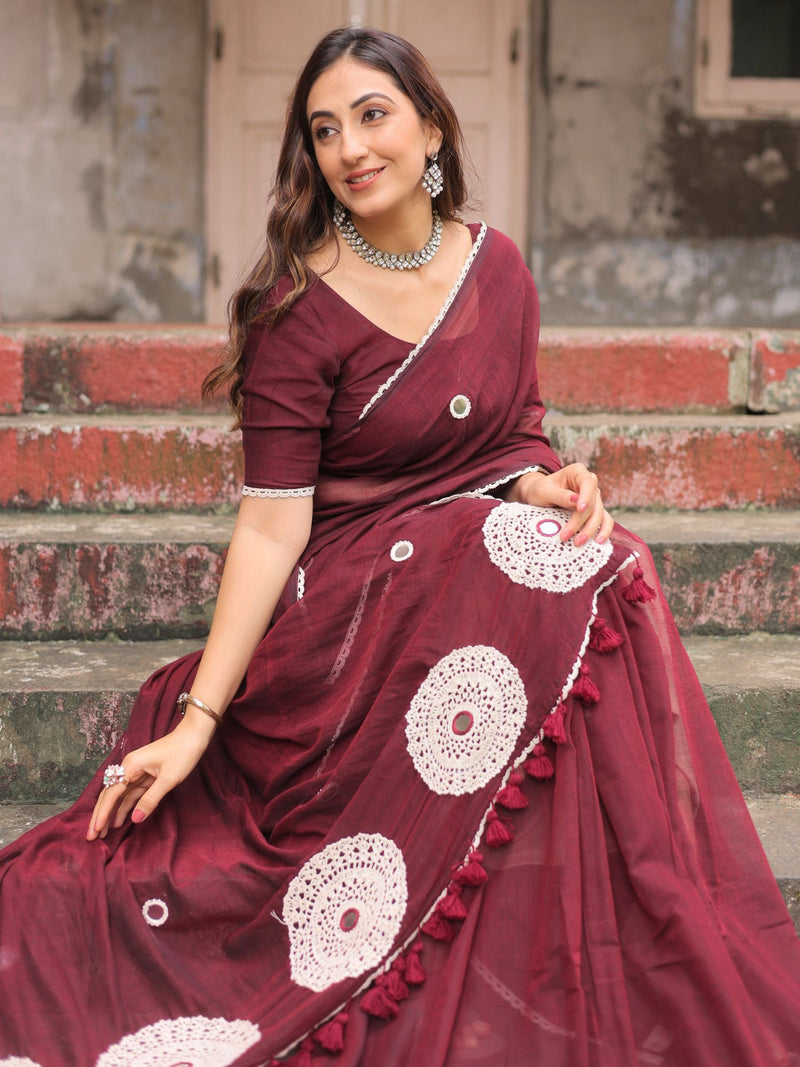 Bulbul maroon crochet saree with blouse