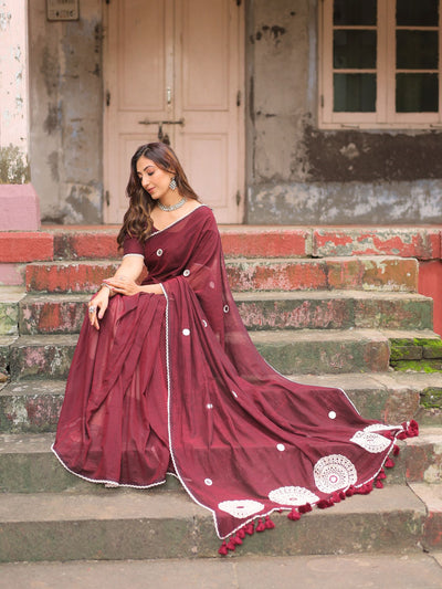 Bulbul maroon crochet saree with blouse