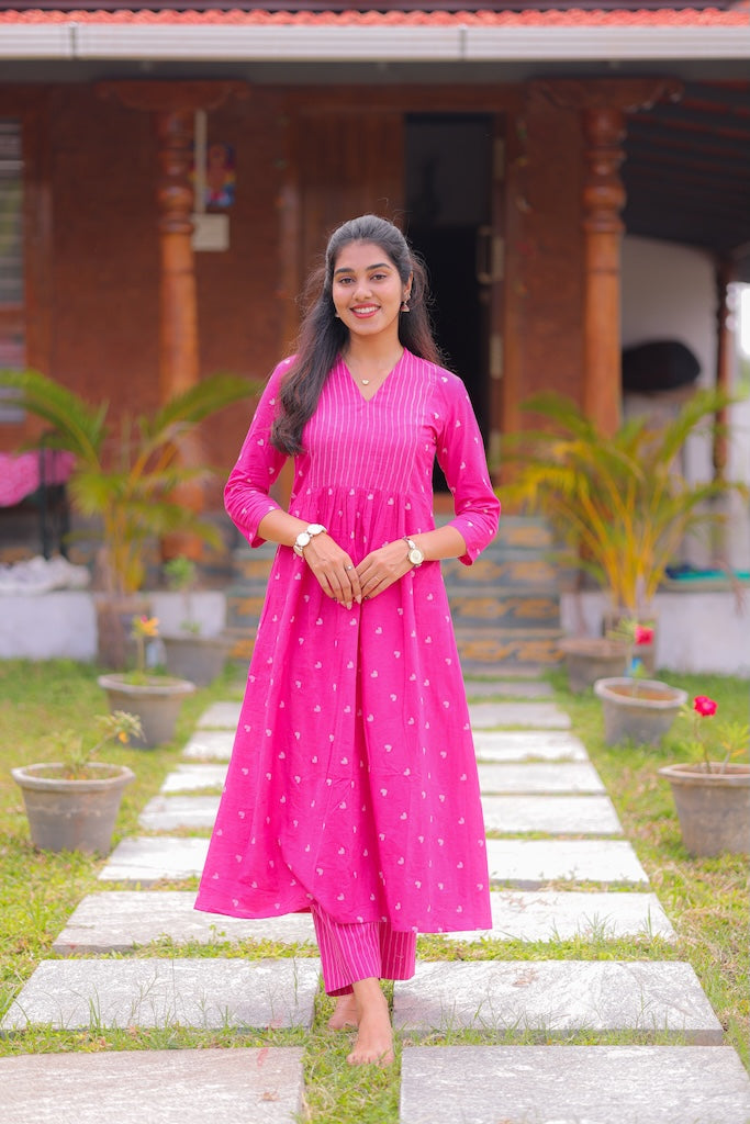 Pink Plum Handblock A-Line Kurta Set