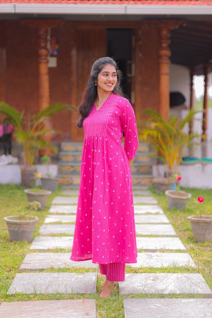 Pink Plum Handblock A-Line Kurta Set