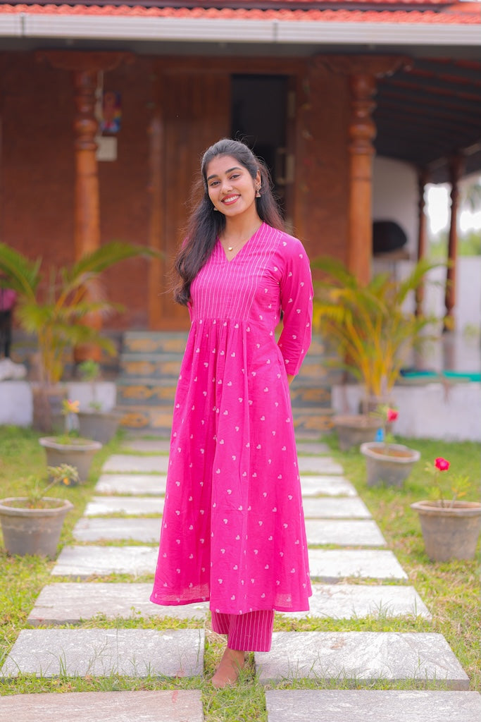 Pink Plum Handblock A-Line Kurta Set