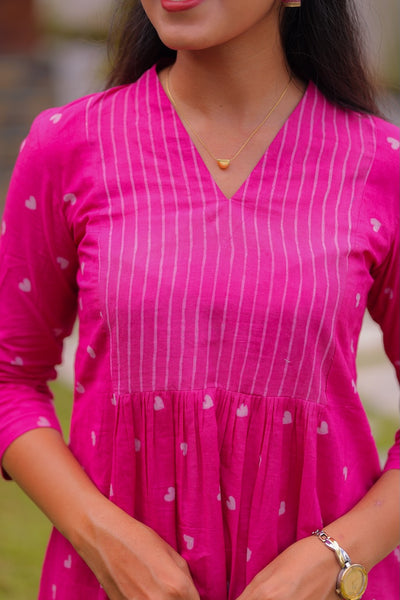 Pink Plum Handblock A-Line Kurta Set