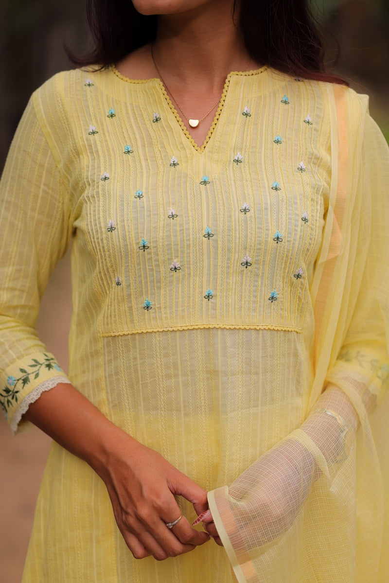 Yellow Blossom Embroidered A-Line Co-ord Set with Dupatta