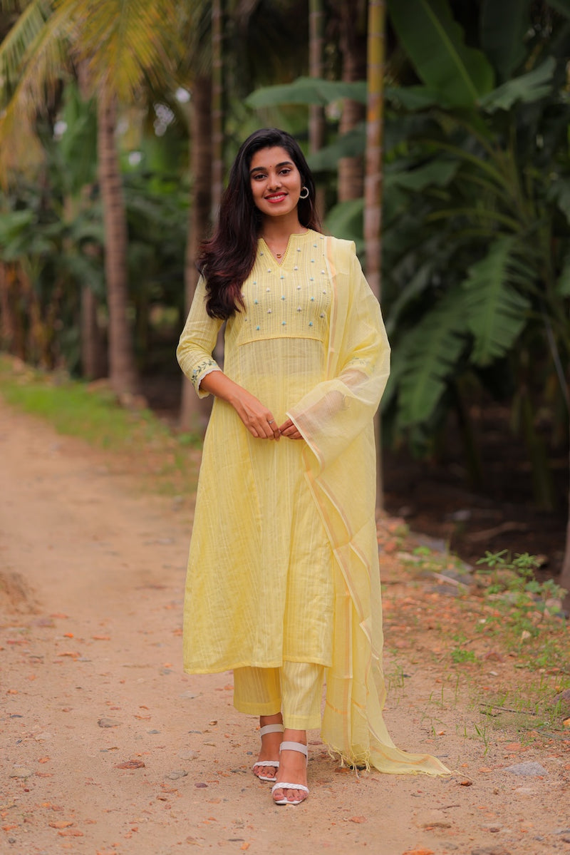 Yellow Blossom Embroidered A-Line Co-ord Set with Dupatta