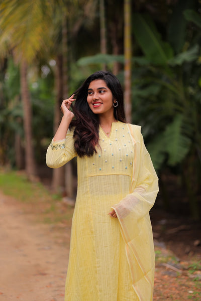 Yellow Blossom Embroidered A-Line Co-ord Set with Dupatta