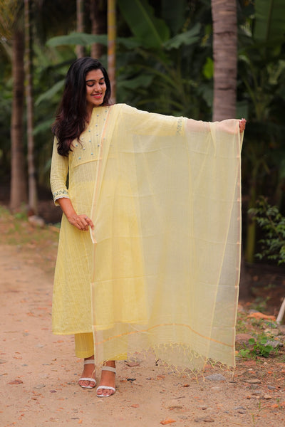Yellow Blossom Embroidered A-Line Co-ord Set with Dupatta