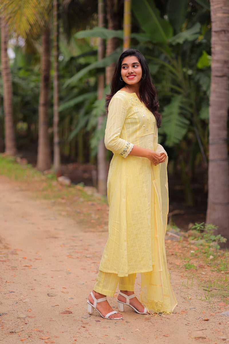 Yellow Blossom Embroidered A-Line Co-ord Set with Dupatta