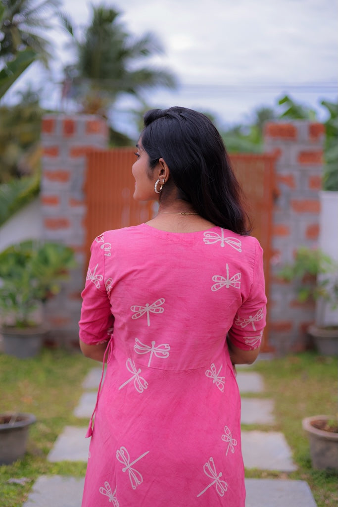 Pink Dragonfly Handblock Dress