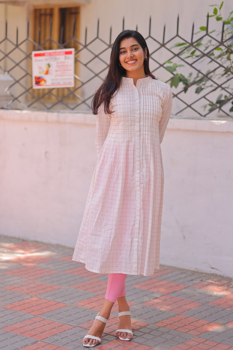 Peach Pleated Handloom A-Line kurta
