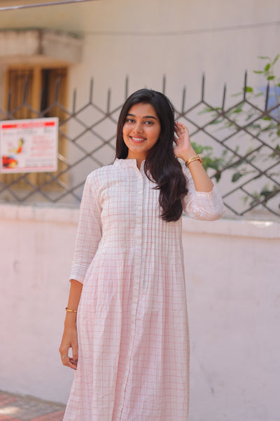 Peach Pleated Handloom A-Line kurta