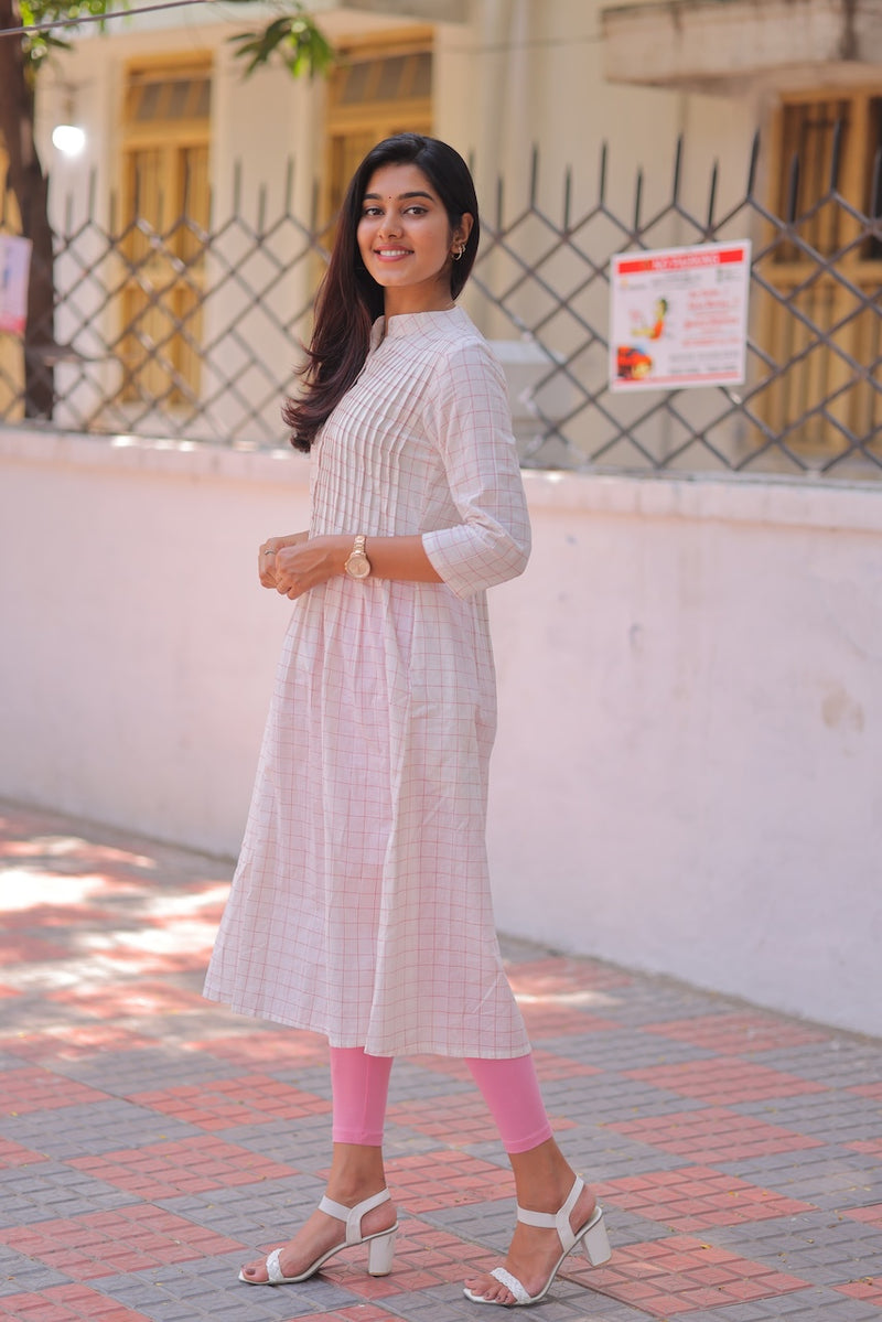 Peach Pleated Handloom A-Line kurta