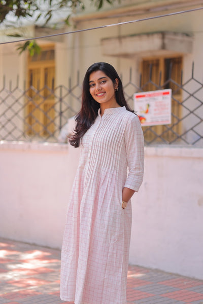 Peach Pleated Handloom A-Line kurta