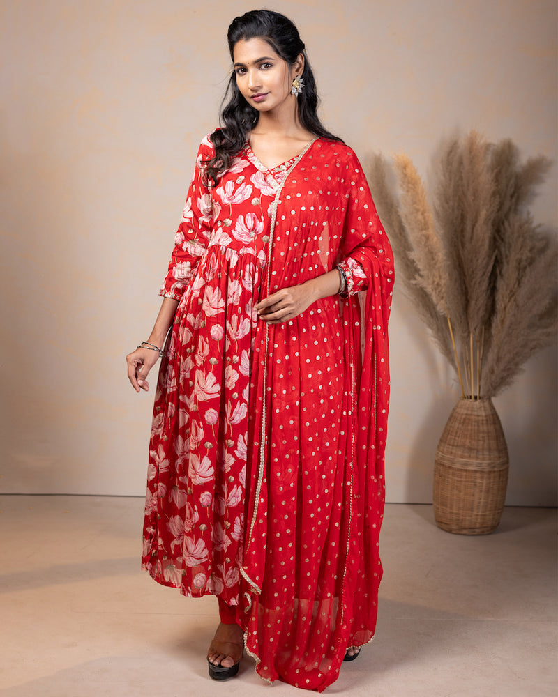 EXP - Dhanya Red floral kurta set