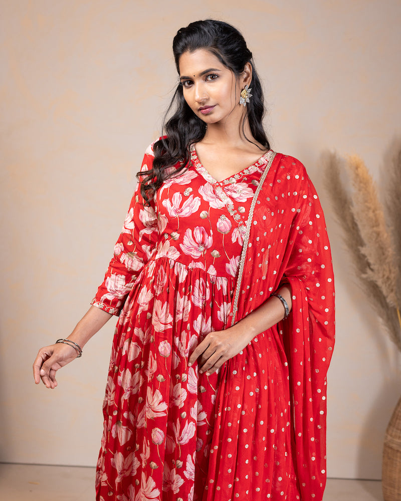 EXP - Dhanya Red floral kurta set