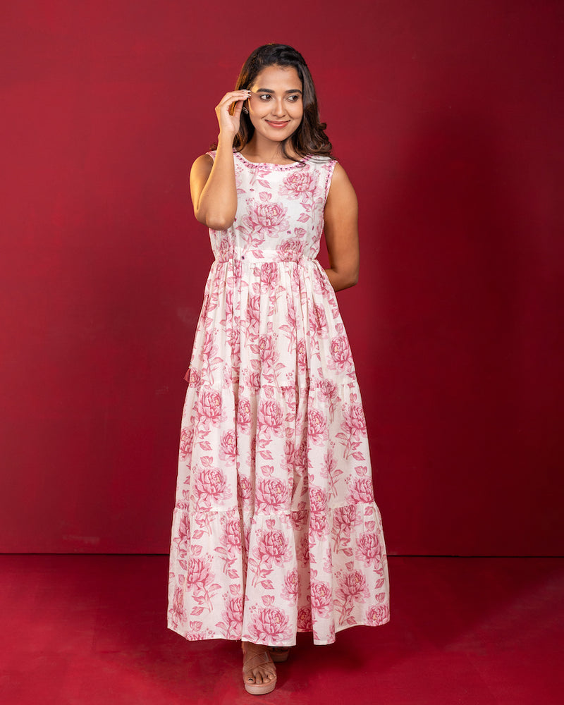 EXP - Tarika White & Pink floral print cotton Dress