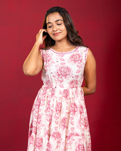 EXP - Tarika White & Pink floral print cotton Dress