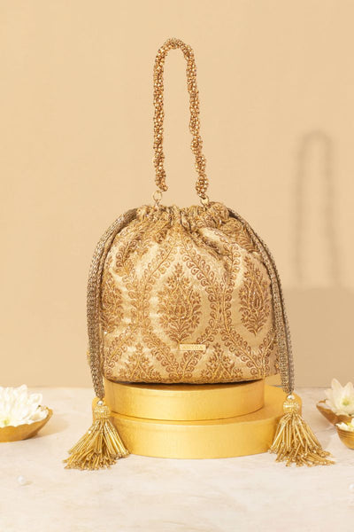 Viha Embroidered Brocade Bucket Bag - Gold