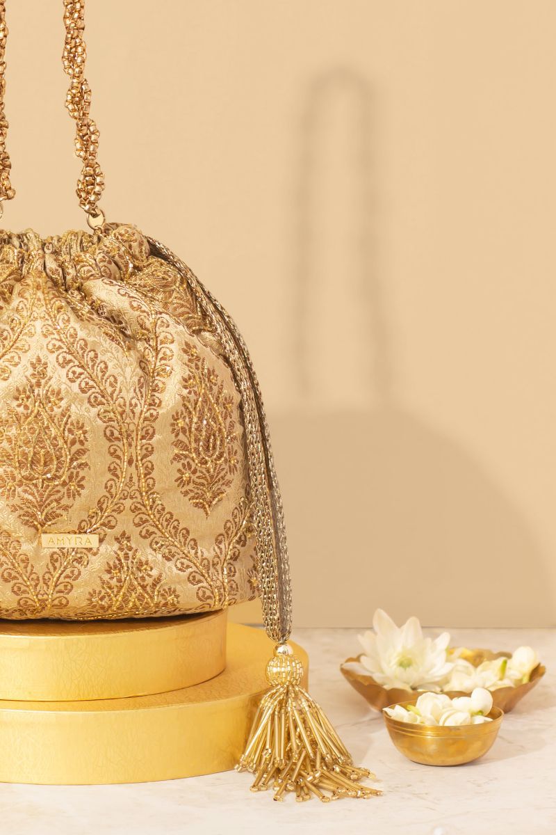 Viha Embroidered Brocade Bucket Bag - Gold