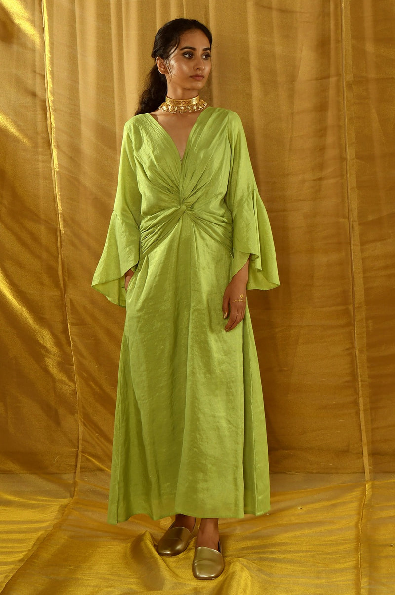 EXP - Kirti Tissue Green Chanderi Knot Dress ( XL Available)