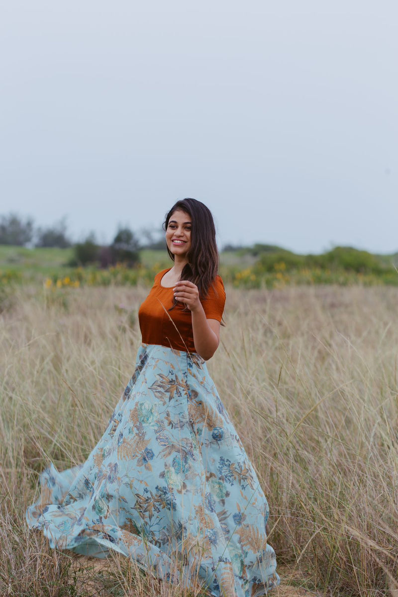 EXP - Floral Blue & Brown Dress