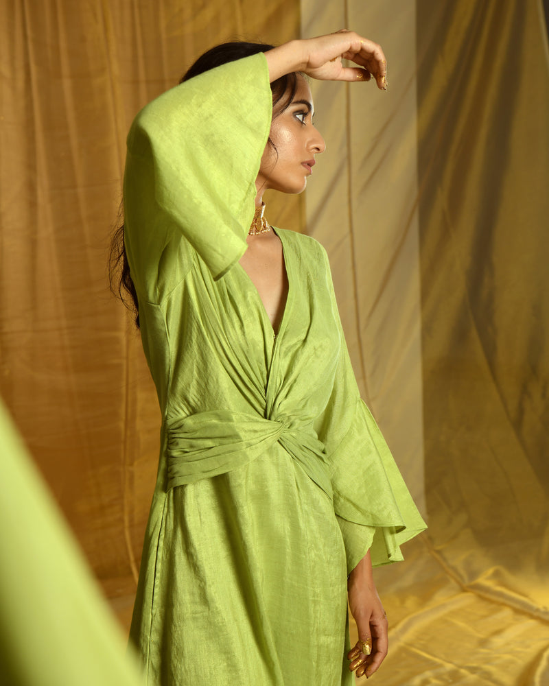 EXP - Kirti Tissue Green Chanderi Knot Dress ( XL Available)