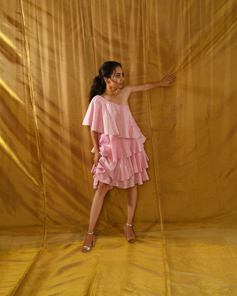 EXP - Avanti Tissue Chanderi One Shoulder Dress - Pink (M Available)