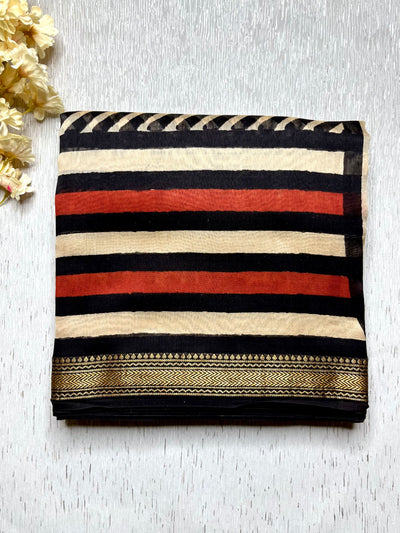 Handblock Printed Silk Cotton Saree - Pearl Black + Soft Peach
