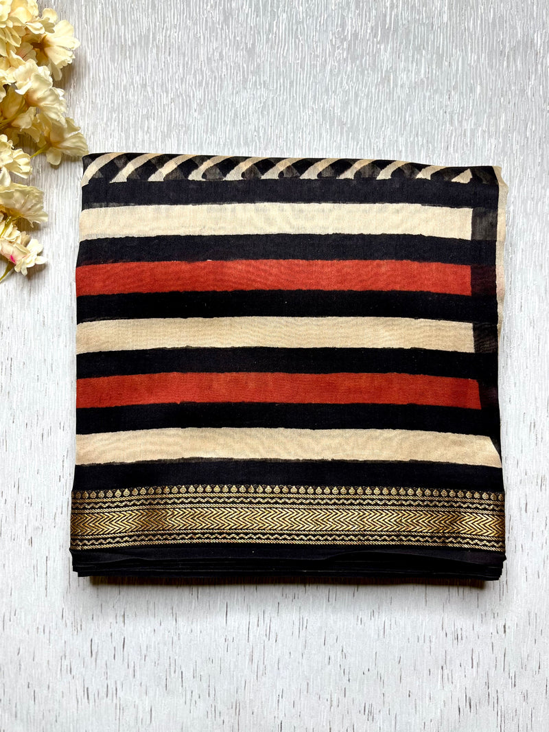 Handblock Printed Silk Cotton Saree - Pearl Black + Soft Peach