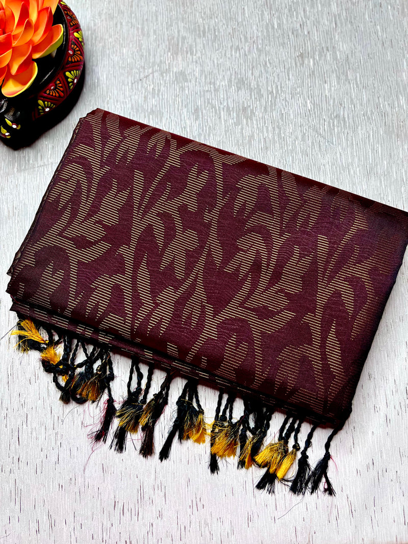 Soft Silk Saree  - Brown Derby + Golden Zari