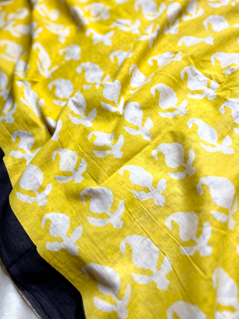 Handblock Printed Cotton Saree -  Pearl Black + Sunflower Yellow