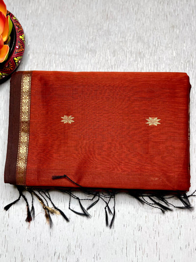 Handwoven Maheshwari Silk Cotton Saree -  Mexican Orange + Flush Maroon