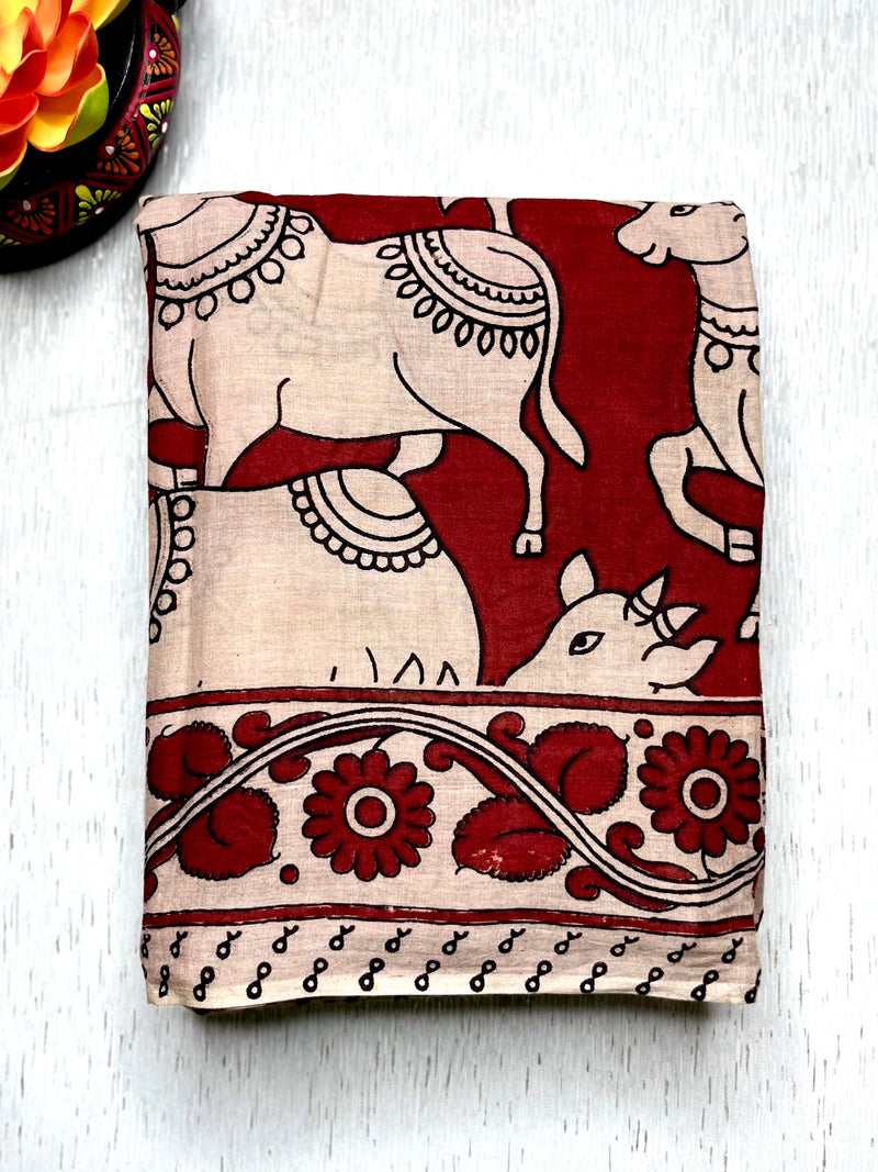 Handcrafted Kalamkari Cotton Saree - Persian Maroon + Soft Cream