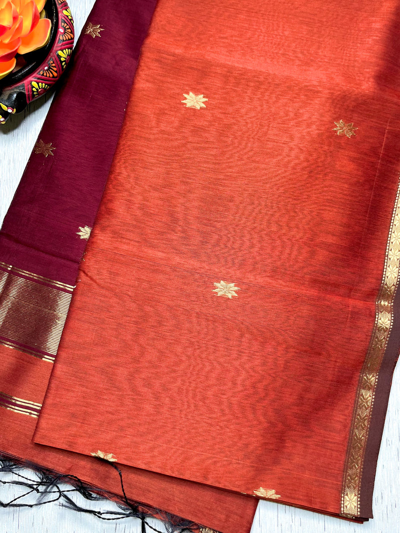 Handwoven Maheshwari Silk Cotton Saree -  Mexican Orange + Flush Maroon