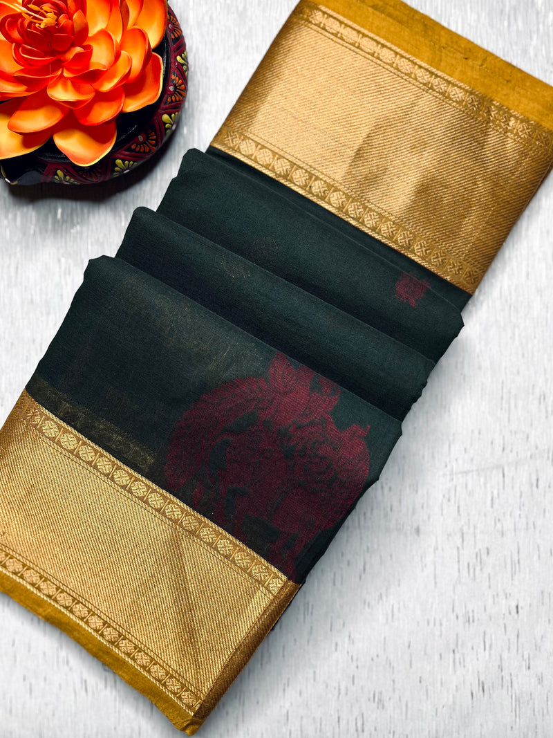 Kanchi Cotton Saree - Deep Green + Fuel Yellow
