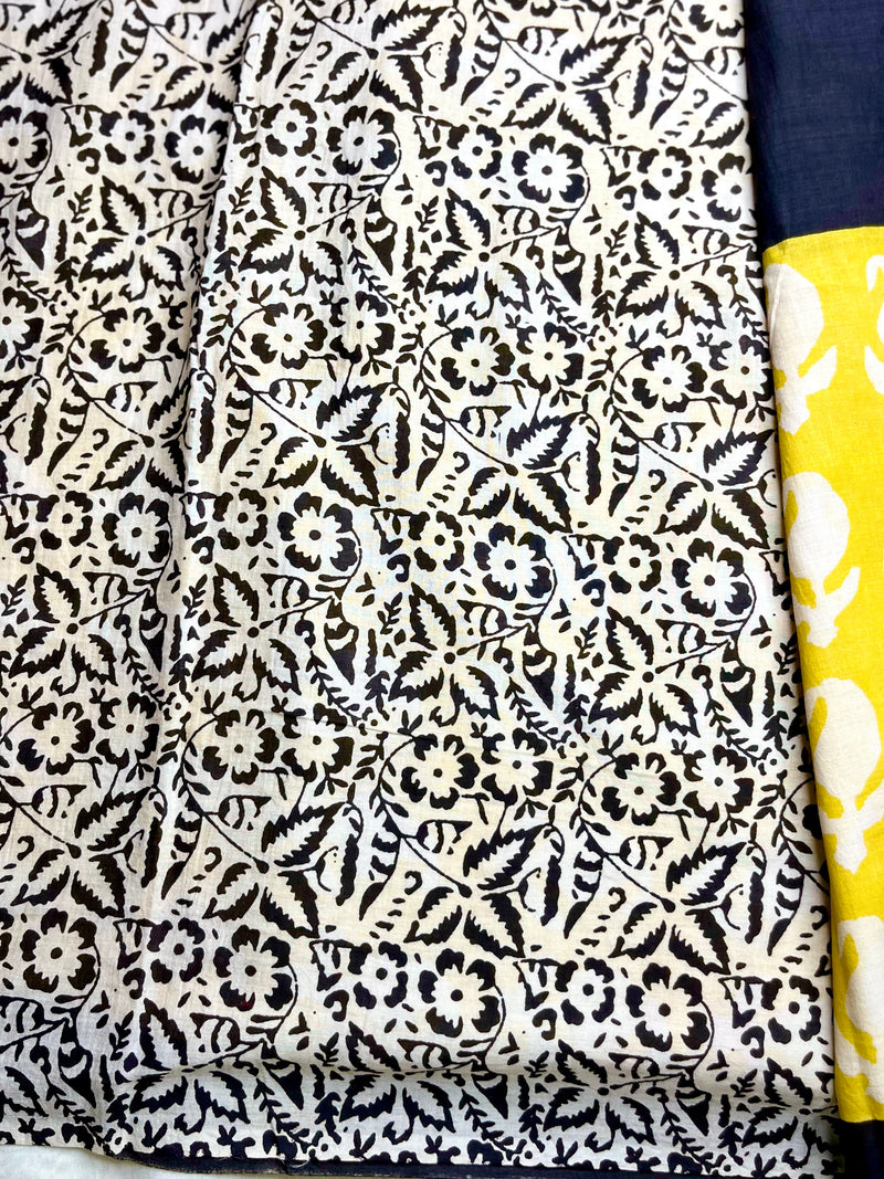 Handblock Printed Cotton Saree -  Pearl Black + Sunflower Yellow