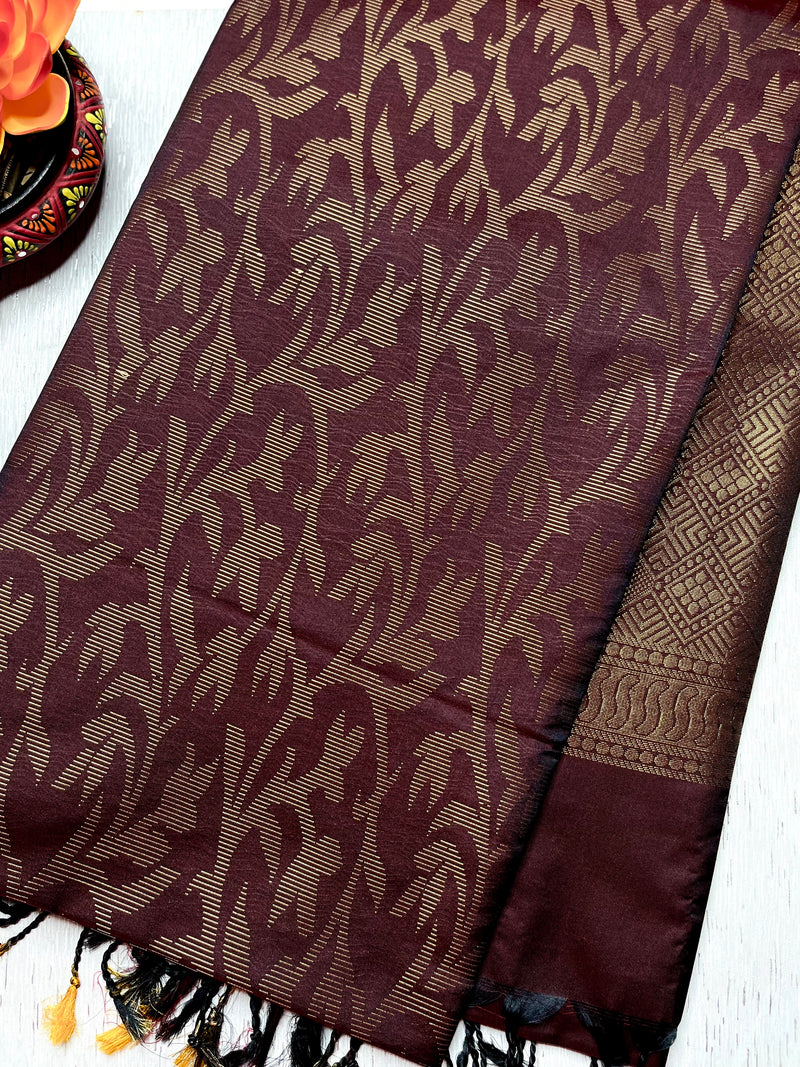 Soft Silk Saree  - Brown Derby + Golden Zari