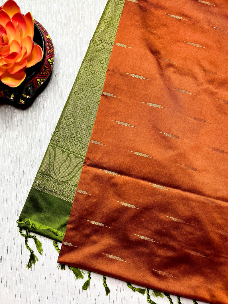 Soft Silk Saree  -  Rust Orange + Turtle Green