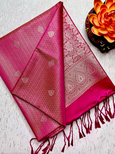 Soft Silk Saree  -Cerise Pink + Gold