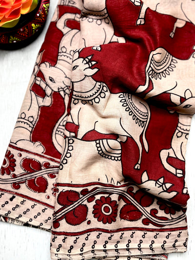 Handcrafted Kalamkari Cotton Saree - Persian Maroon + Soft Cream