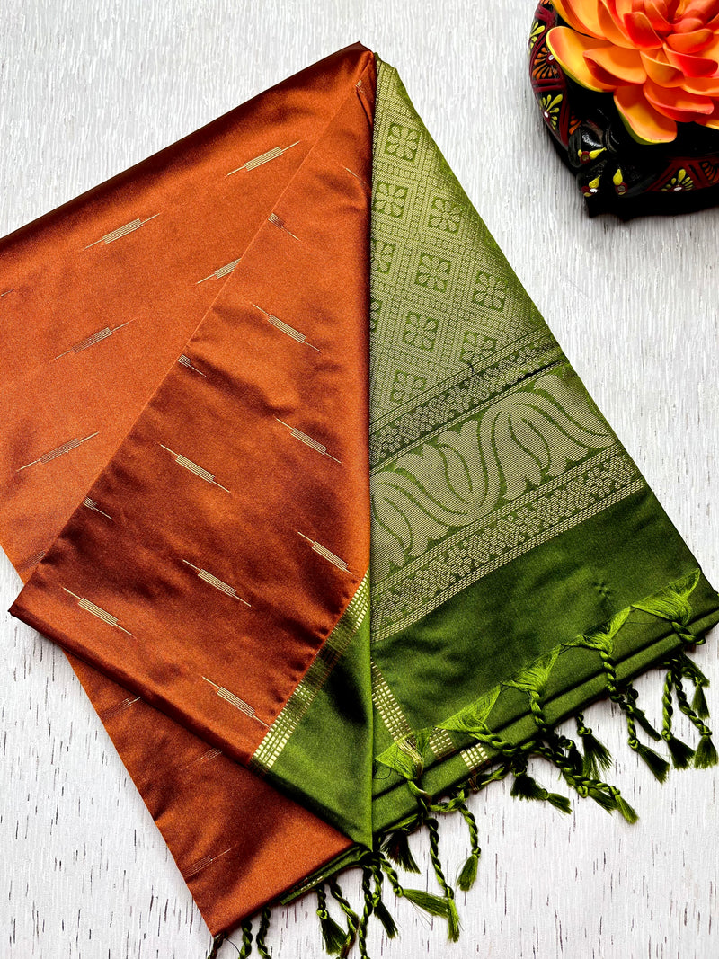 Soft Silk Saree  -  Rust Orange + Turtle Green