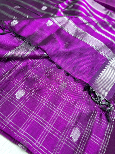 Handwoven Mangalgiri Silk Cotton Saree - Eggplant Violet+ Silver