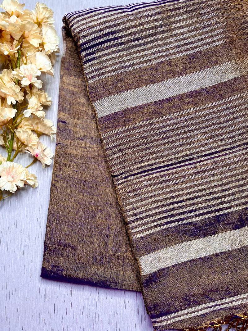 Handwoven Metallic Linen Tissue Saree -Copper Blue + Gold